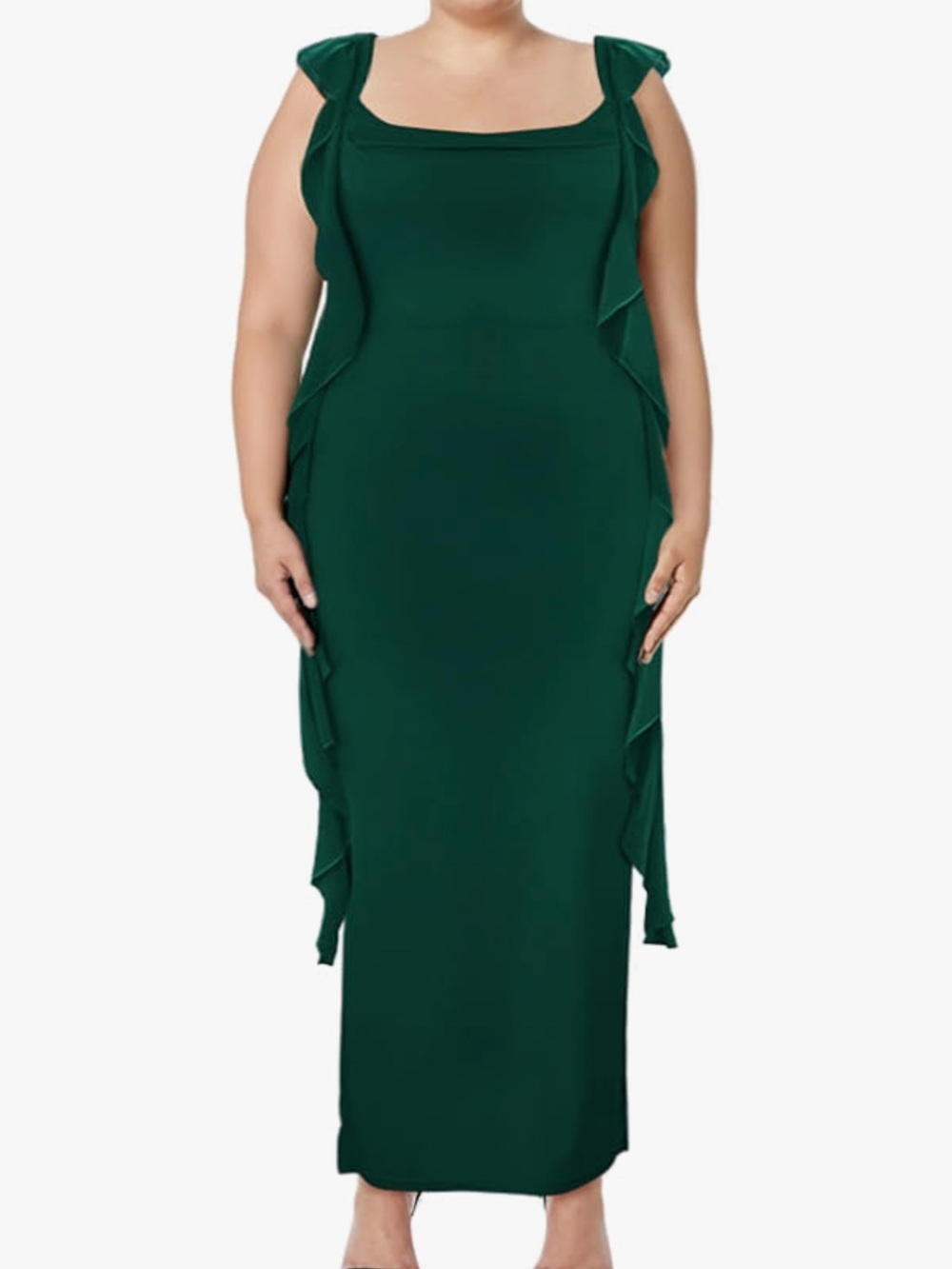 Elegant Ruffle-Trim Square Neck Maxi Dress in Deep Green